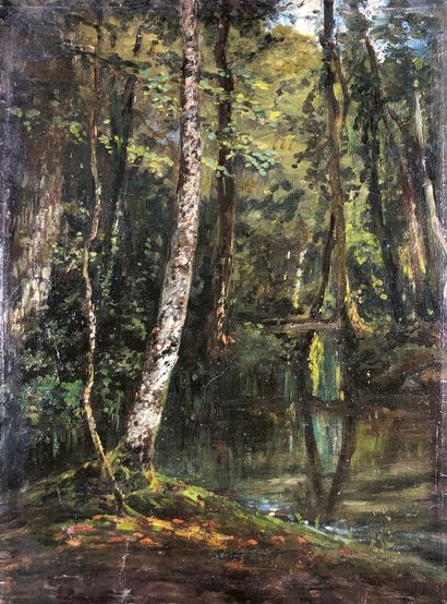 null Paul HUET (1803-1869)
En forêt de Fontainebleau, Belle croix.
Huile sur toile...