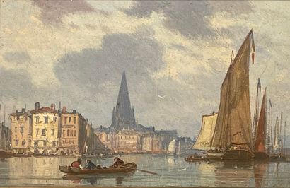 null F. DICKENSON (XIXe siècle) (attribué à)
Vue d'un port.
Huile sur panneau. Trace...