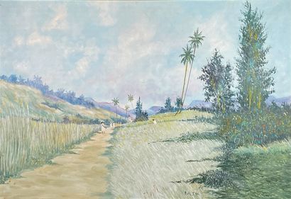 null Rui JUVENTIN (1916-1997)
"Atimaono, 1920" or Sugar Cane Plantation, 1990. 
Oil...