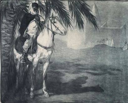 null Paul JOUVE (1878-1973)
Cavalier arabe (sous un palmier).
Lithographie originale,...