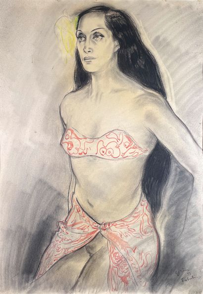null Serge GRES (1899-1970)
Portrait de Tahitienne, 1951.
Fusain et aquarelle signé,...
