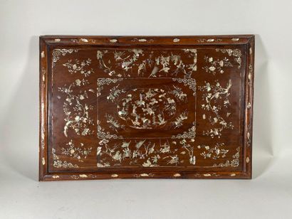 null Large tray in exotic wood inlaid with mother-of-pearl characters on fantastic...