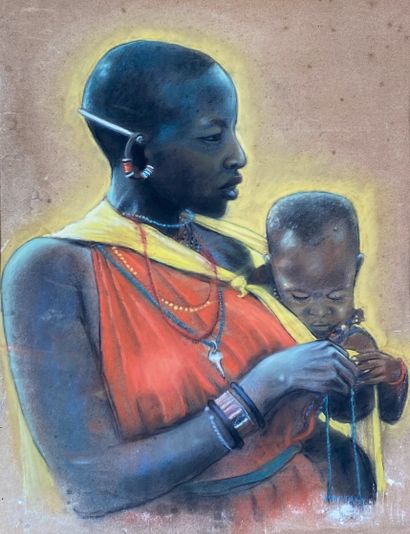 null French school of the XXth century
African woman and child. 
Pastel.
65 x 50,5...