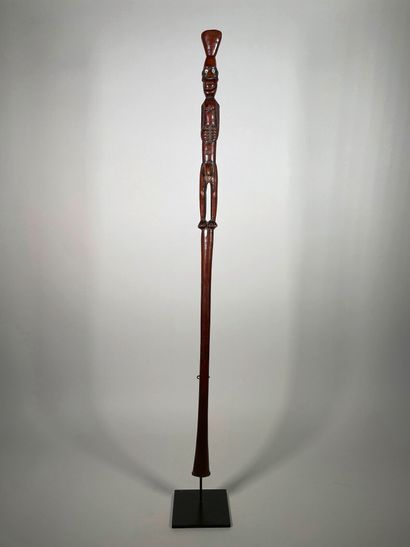 null Very beautiful and old carved wooden stick with a reddish-brown patina and a...