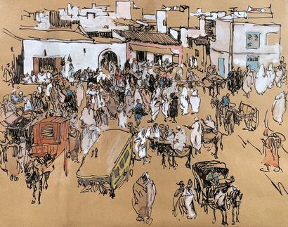 null Charles BROUTY (1897-1984) (attribué à)
Villes d'Orient animées.
Deux dessins...
