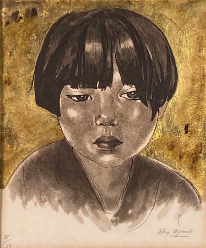 null Alix AYMÉ (1894-1989)
Portrait of a child. 
Engraving enhanced with gold leaf...