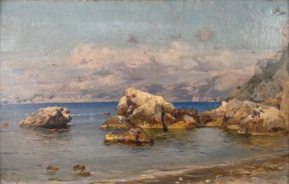 null Bernardo HAY (1864-1931)
Vue d'une crique animée à Capri.
Huile sur panneau...