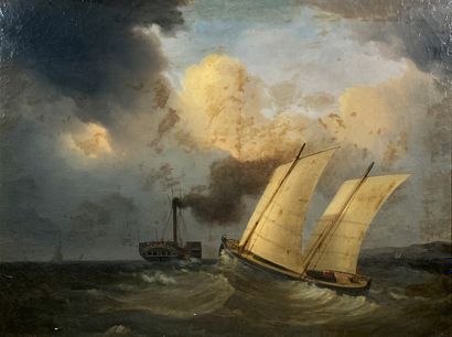 null School of the XIXth century
The sailboat and the steamer.
Oil on canvas.
73...