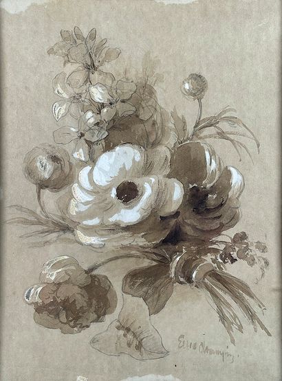 null Elisa Honorine Pitet CHAMPIN (?-1871). 
Bouquets. 
Three washes of sepia ink...