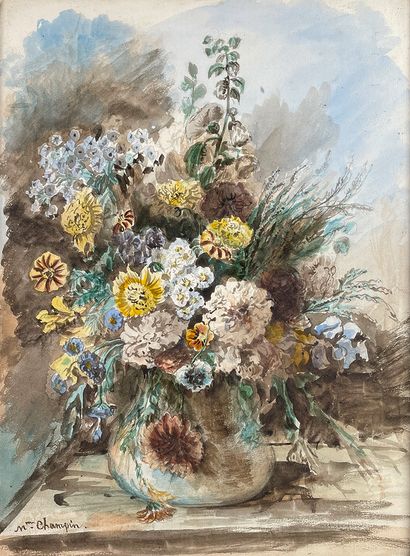 null Elisa Honorine Pitet CHAMPIN (?-1871) 
Bouquets. 
Three watercolors : 
- one...