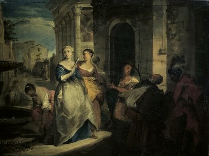 null Nicolas VLEUGHELS (1668-1737)
Italian women around a fountain.
Fruitwood panel.
17,5...