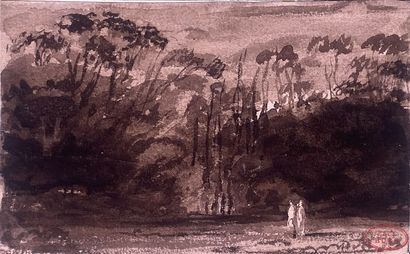 null Paul HUET (1803-1869)
The park at dusk.
Ink wash. Signature stamp in the lower...