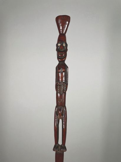 null Very handsome old carved wooden stick with reddish-brown patina, male figure...