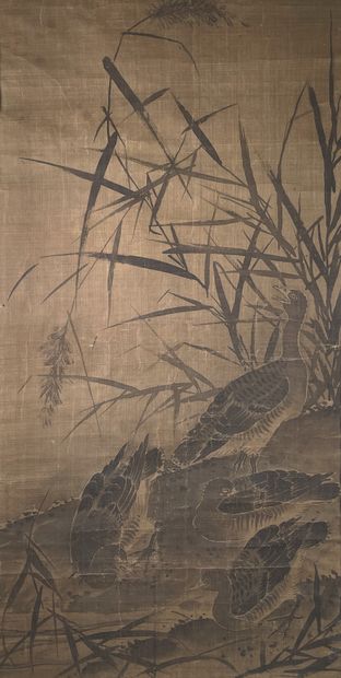 null Ink painting on silk depicting four ducks at the water's edge, among reeds.
Japan,...