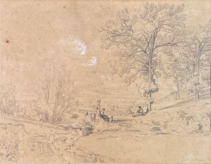 null Jules DUPRÉ (1811-1889)
Animated landscape. 
Black pencil and light chalk highlights,...