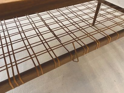 null JESE MÖBEL
Teak coffee table, tapered legs joined by a rattan brace (one missing).
Stamped...