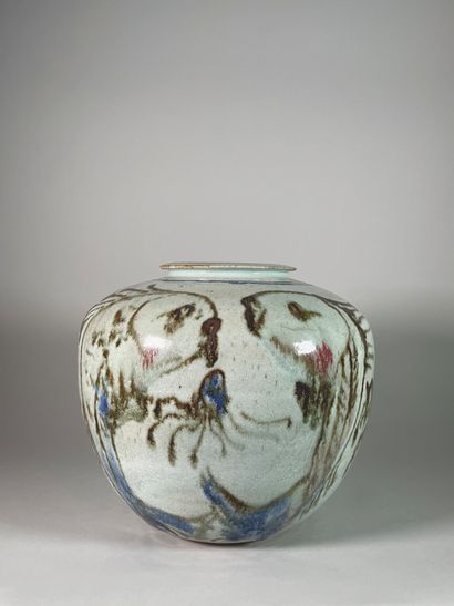 null Flattened sphere-shaped stoneware vase enameled in polychrome with octopus and...