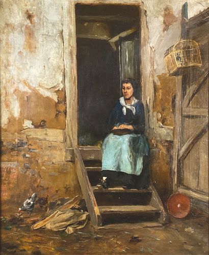 null 19th century school
Woman in the courtyard.
Unsigned oil on canvas, on the stretcher,...
