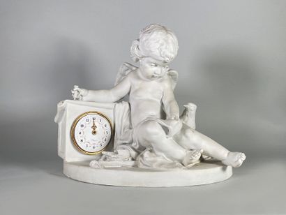 null SEVRES after CLODION (1738-1814) 
Bisque clock featuring Cupid writing. SEVRES...