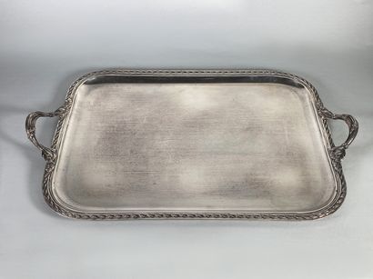 null Rectangular silver tray with handles, chased with a ribbon frieze and acanthus...