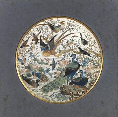 null Pair of embroideries on silk featuring birds: rooster, peacocks and pheasants.
China,...