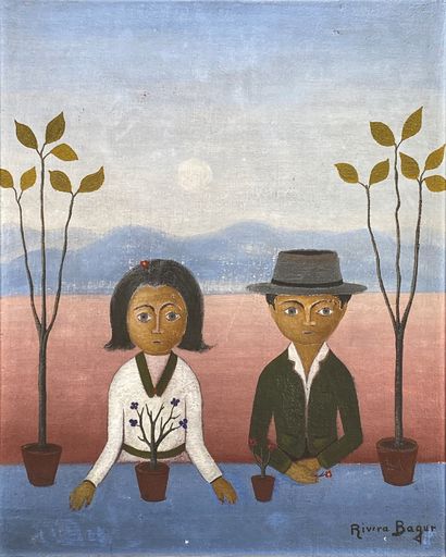 null Miguel RIVERA BAGUR(1919-1993)
Couple.
Oil on canvas signed lower right, mounted...