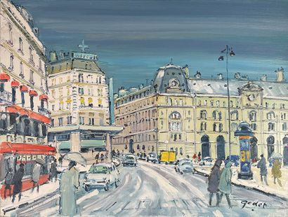 null Pierre GODET (born 1940)
Saint-Lazare station in winter, Paris.
Oil on canvas...