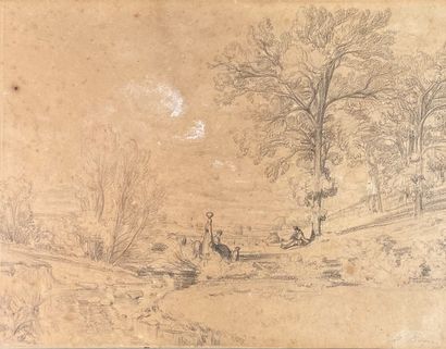 null Jules DUPRÉ (1811-1889)
Animated landscape. 
Black pencil and light chalk highlights,...