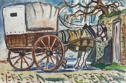 null Henri Liénard DE SAINT-DELIS (1878-1949) 
Horse-drawn carriage.
Watercolor drawing...