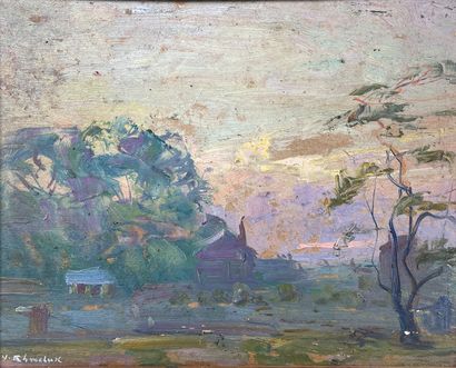 null Vasyl KHMELUK (1903-1986)
Landscape at the end of the day. 
Oil on card signed...