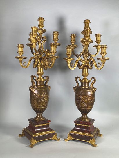 null F. BARBEDIENNE (19th century)
Pair of seven-light gilt bronze candelabra supported...