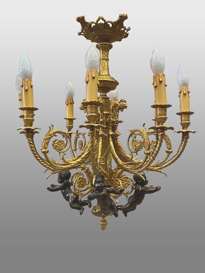 null Eight-arm ormolu chandelier with cherubs in shaded brown patinated bronze.
19th...