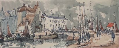 null Bernard LORIOT (1925-1998)
The Honfleur Basin. 
Ink and watercolor signed and...