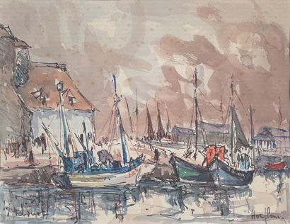 null Bernard LORIOT (1925-1998)
Le bassin de Honfleur. 
Encre et aquarelle signée...