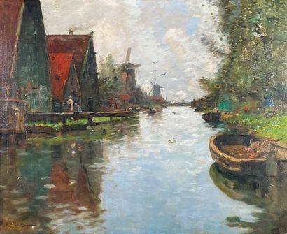Léon BROQUET (1869-1935)
Landscape with mills.
Oil...