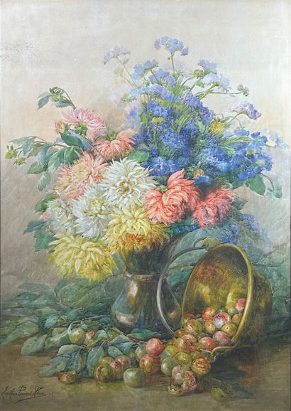 null Andrée PONSARD-ATRUX (XIXe-XXe siècle)
Nature morte aux fleurs et prunes, 1919.
Aquarelle...