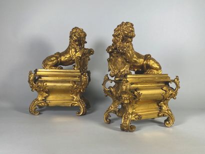 Pair of ormolu andirons with lions, each...