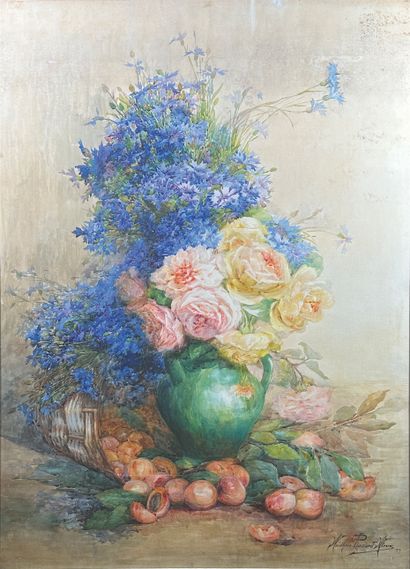 null Andrée PONSARD-ATRUX (XIXe-XXe siècle)
Nature morte aux bleuets et roses, 1919.
Aquarelle...