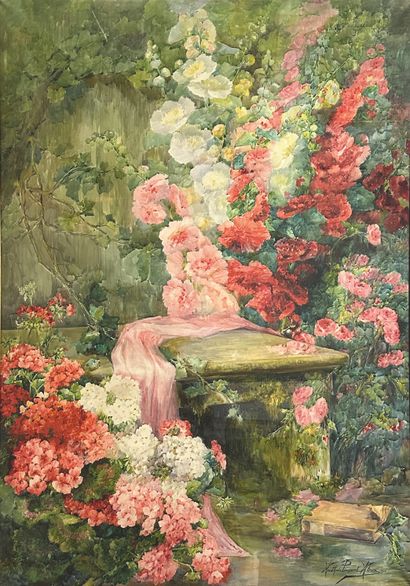 null Andrée PONSARD-ATRUX (XIXe-XXe siècle)
Le banc fleuri, 1912.
Importante aquarelle...