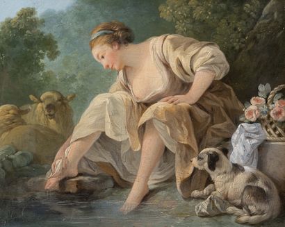 null Jean-Baptiste HUET (Paris, 1745-1811)
Jeune femme au bord d'un ruisseau.
Panneau,...