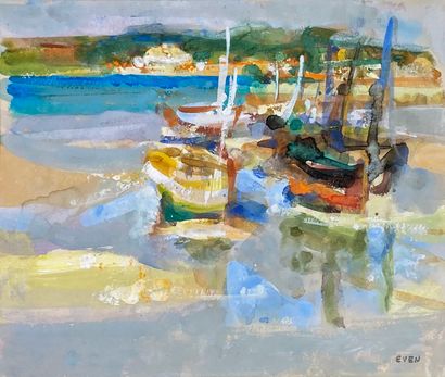 Jean EVEN (1910-1986)
Voiliers au port. 
Aquarelle...