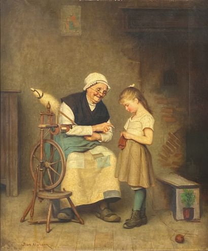 null Jean MOREAU (XIX-XXe siècle)
Le fileuse et la jeune fille.
Huile sur toile signée...