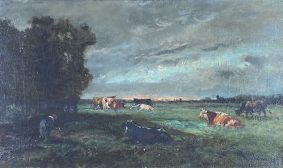 null Jules E. DE LA ROCHENOIRE (1825-1899)
Troupeau de vaches.
Huile sur toile signée...