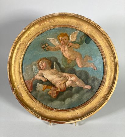 null Ecole du XVIIIe siècle
Cupidon endormi et angelots portant des fleurs.
Paire...