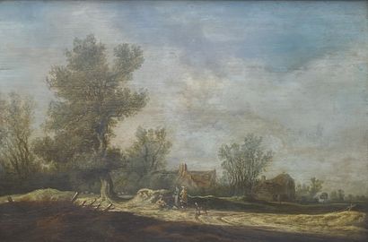 null Pieter de NEYN (Leyde, 1597-1639)
Personnages conversant à l'entrée d'un village.
Panneau...
