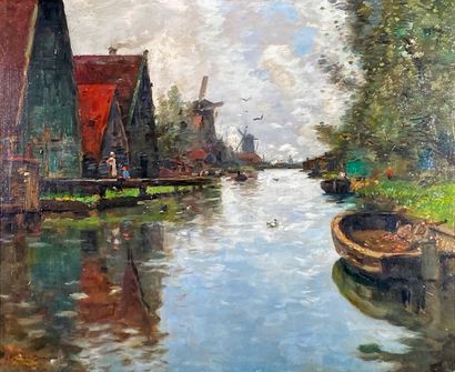 null Léon BROQUET (1869-1935)
Paysage aux moulins.
Huile sur toile signée en bas...