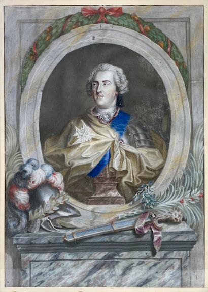null Ecole française du XVIIIème siècle
Portrait de Louis XV
Gouache sur traits gravés.
43,5...