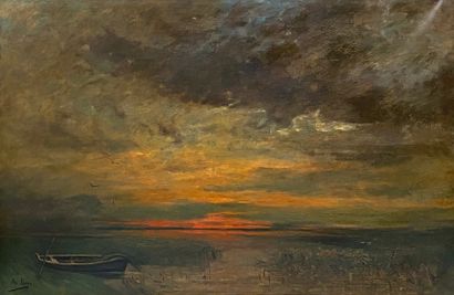 null Armand G. G. JAMAR (1870-1946) 
Barque au coucher de soleil.
Importante huile...
