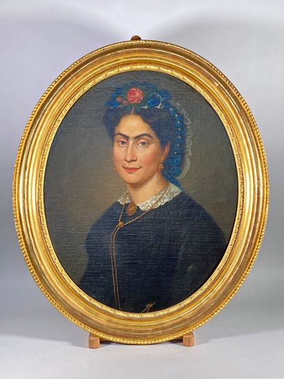 null Ecole du XIXe siècle
Portrait de femme à la coiffe fleurie.
Huile sur toile...