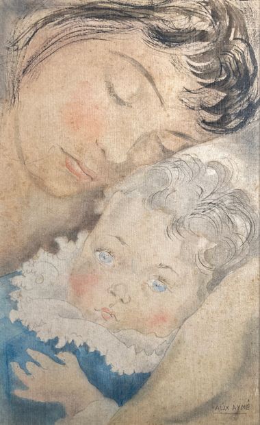  Alix AYMÉ (1894-1989)
Mother and baby, circa 1940. 
Painting on silk signed lower... Gazette Drouot